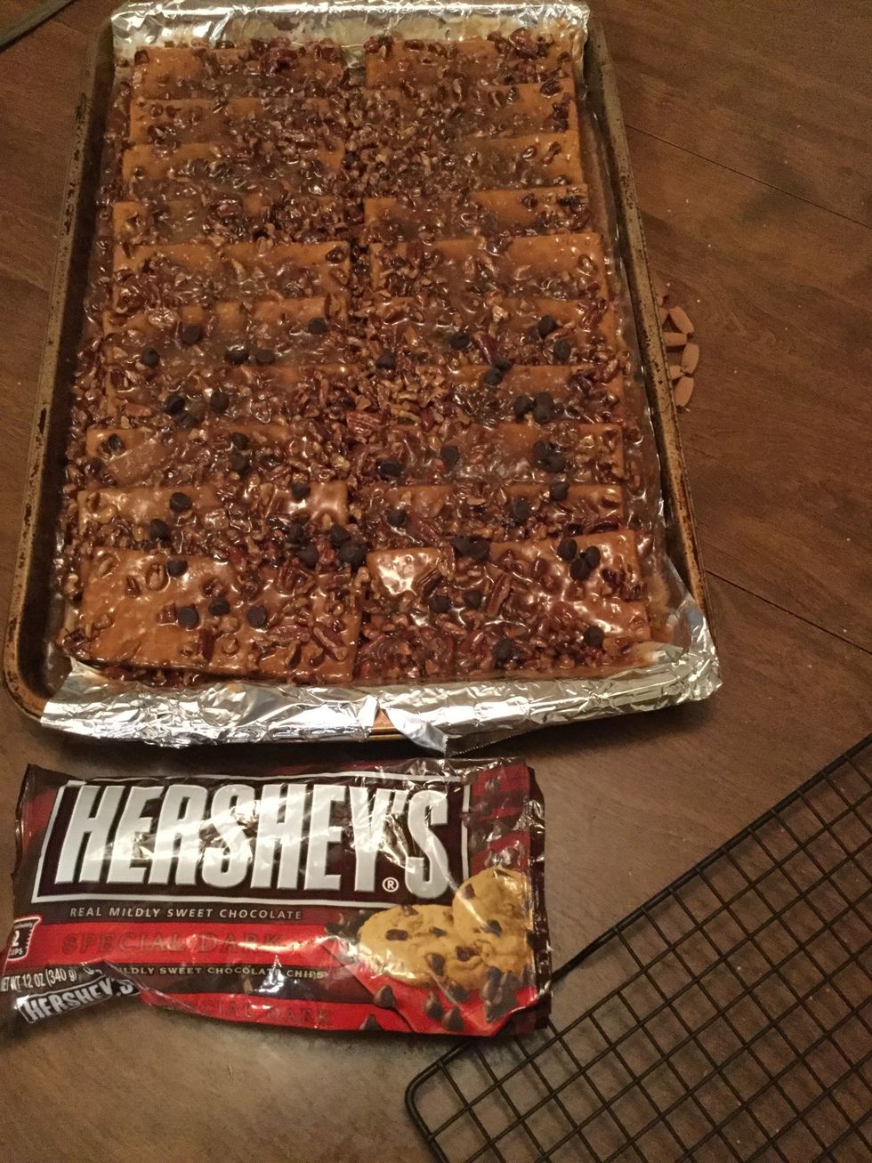 Sprinkle the kosher salt over the bars ***Optionally you can add chocolate chips, let them melt, then smear with a spoon