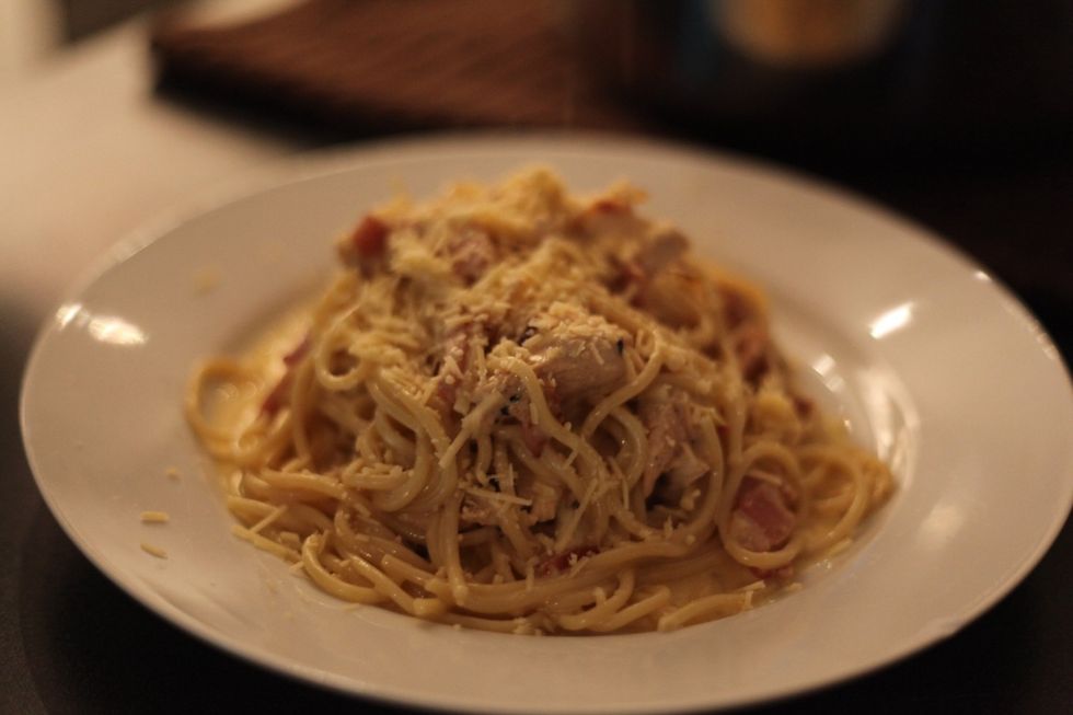 Sprinkle the Parmesan cheese all over. Let the flavours of bacon and Parmesan hit your taste buds. Enjoy enjoy enjoy. A glass of wine is a suitable partner. We said 1 glass not a bottle. Lol.