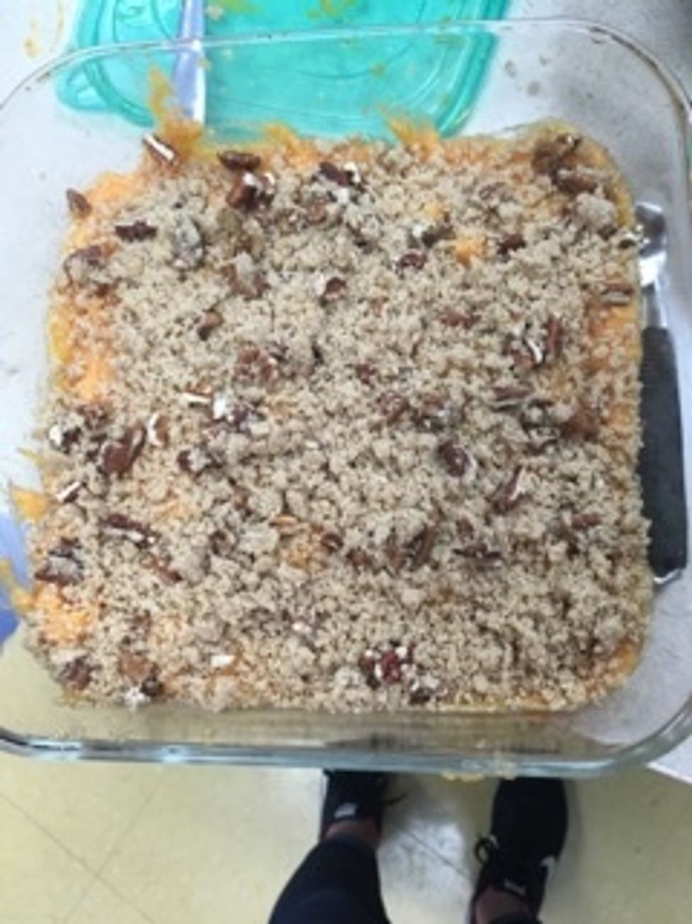 Sprinkle the pecan-sugar mix on the top of the sweet potatoes