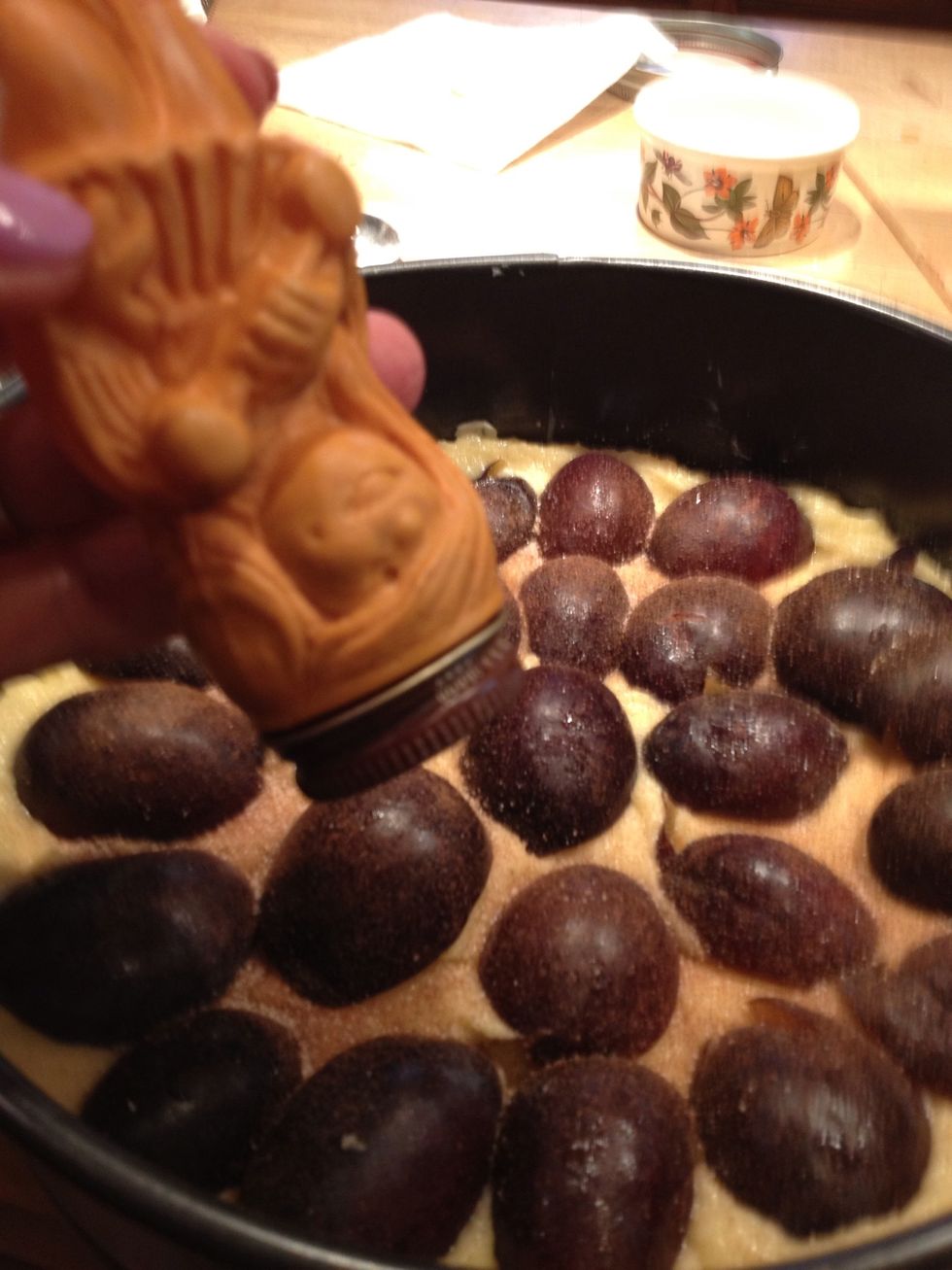 Sprinkle the plums with cinnamon and sugar.