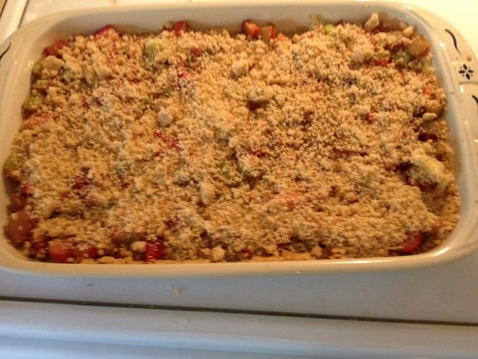 Sprinkle the reserved 1 cup of crust mixture over the fruit. Bake at 350\u2022 for 1 hour.