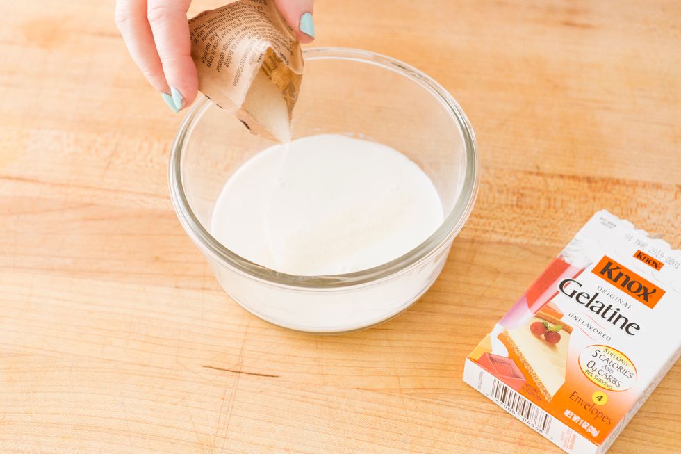 Sprinkle unflavored gelatine over 1/4 cup milk and let stand for 5 minutes.
