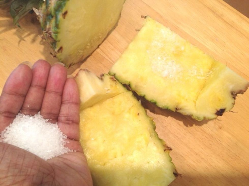 Sprinkle with epsom salts which draws out toxins and relaxes the muscles. Lastly, hit the shower and use the pineapple peel to exfoliate like you would with loofah. Rinse and enjoy butter soft skin.