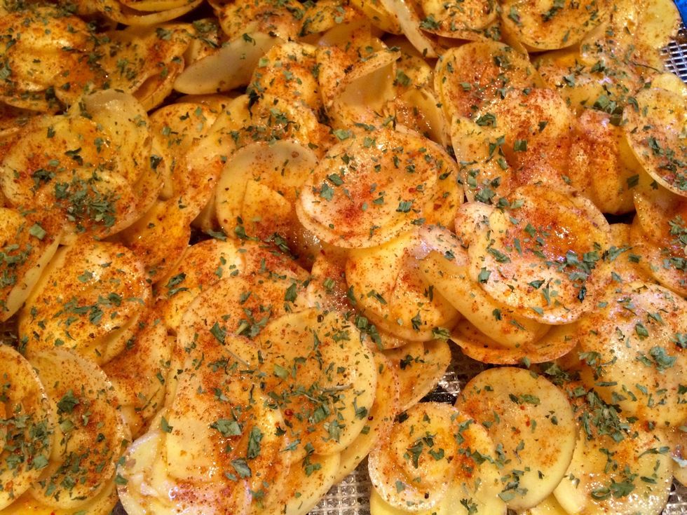 Sprinkle with your favorite herbs and spices. I chose smoked paprika and a Persian mix of dried leeks, parley and fenugreek. Pop them into the dehydrator at 115 degrees until crispy, about 6-8 hours.