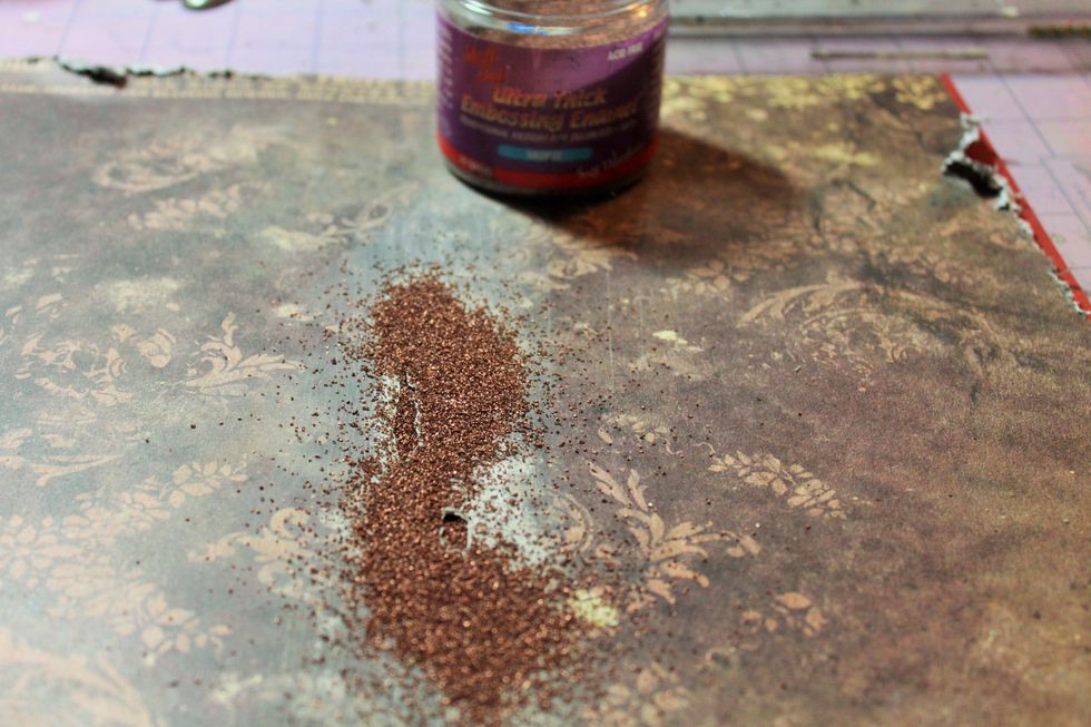 Sprinkle your embossing powder over the exposed adhesive. I used Ultra Thick Embossing Powder in bronze. The finer powders will give you a better image.