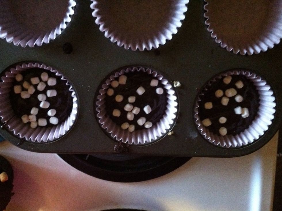 Sprinkle your mini marshmallows on top of batter! Bake in oven for 18-21 min