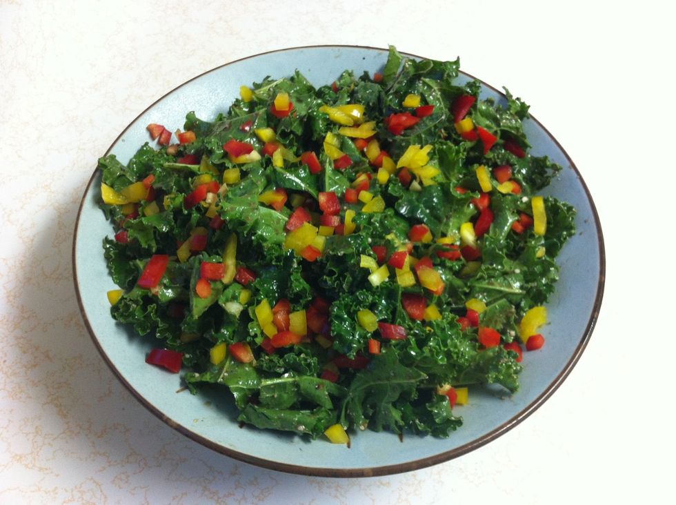 Sprinkle your red and yellow bell pepper on top! Enjoy!