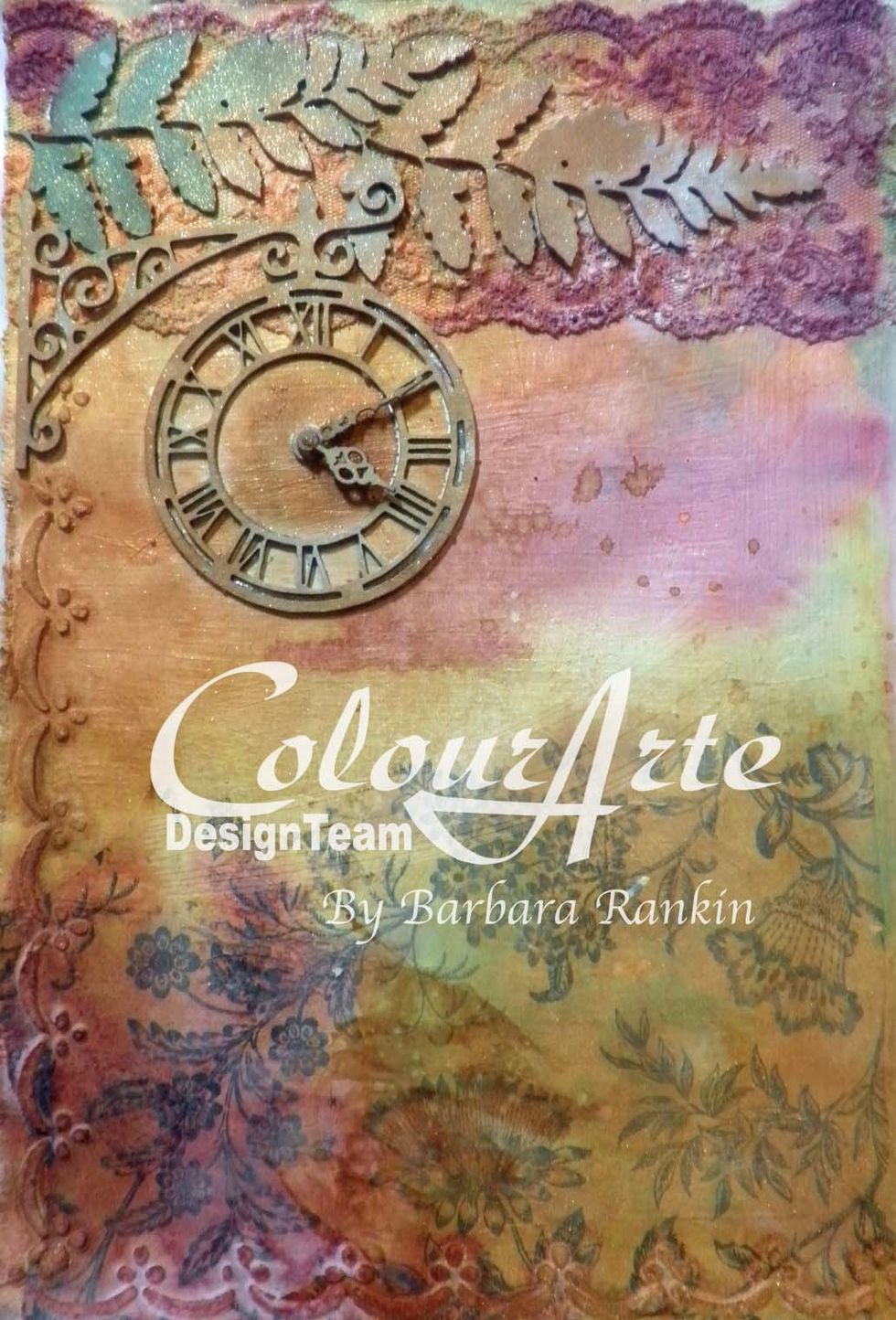 Spritz some ColourArte Radiant Rain shimmering mist in Fern onto a piece of plastic and pick up the color with a brush, adding it to just the fern leaves.