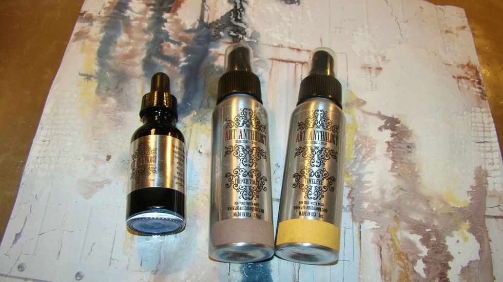 Spritz your paper with water and then remove the nozzle from your Colorations Spray and run in along side the page and it will create nice drips. Do the same with your beautiful Minx Ink. Heat set.