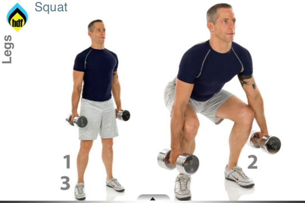 Squat- 1- Stand upright, hands by side. Feet shoulder width apart. 2- lower your body down pushing your bum out, putting your weight in heels. 3- push using your heels to stand up.