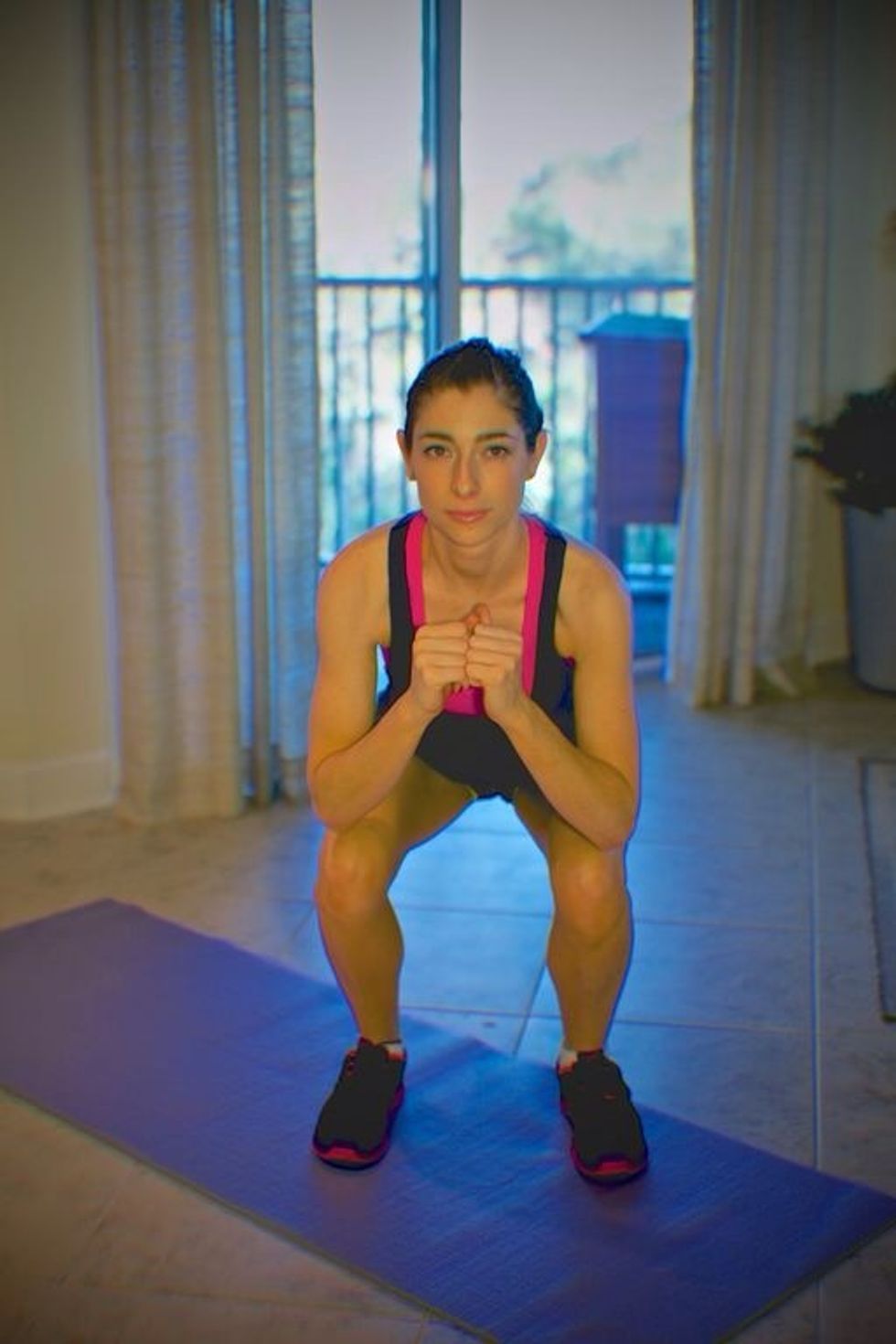 Squat Kicks: do one set right leg only, then another left only. Complete 2 per side, total. Remember to smize, Tyra Banks is watching ;)