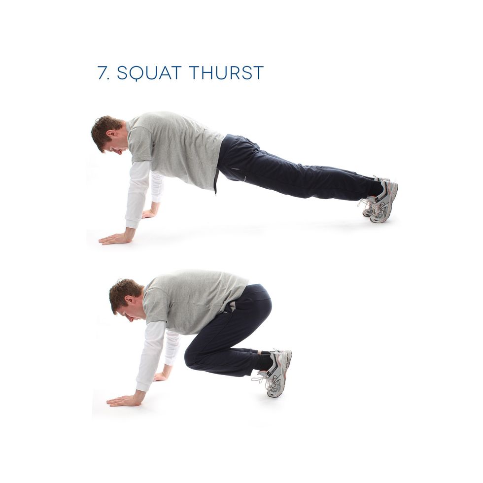Squat Thrust - Start in the press up position. Jump your knees in and then back out again. Do this for 1 minute