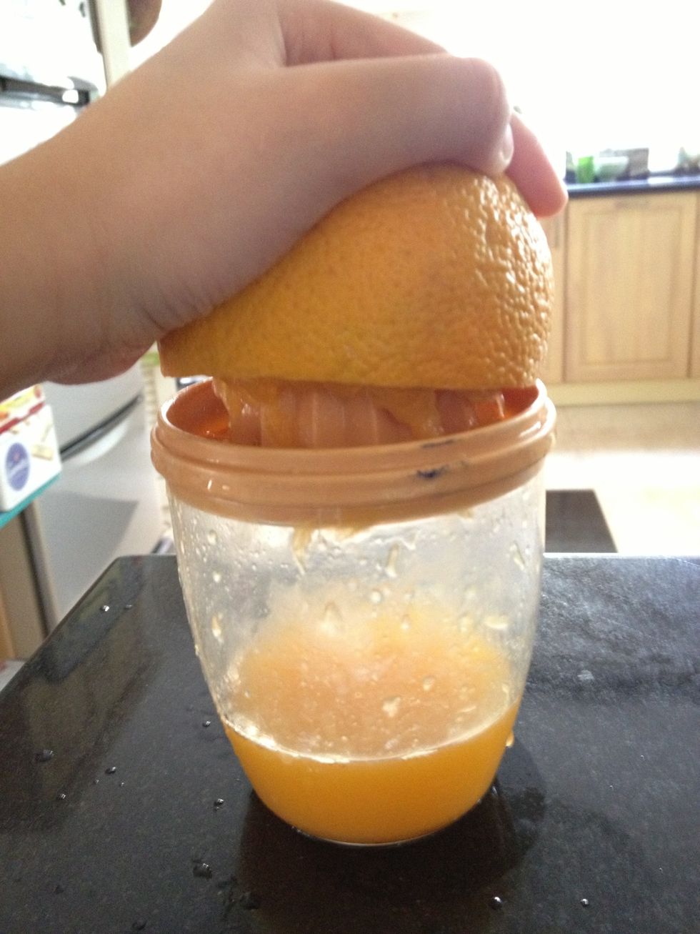 Squeeze all the oranges until you get two cups of the juice. ( If three oranges isn't enough you can use more, if you only need one or two then you don't have to use all.)