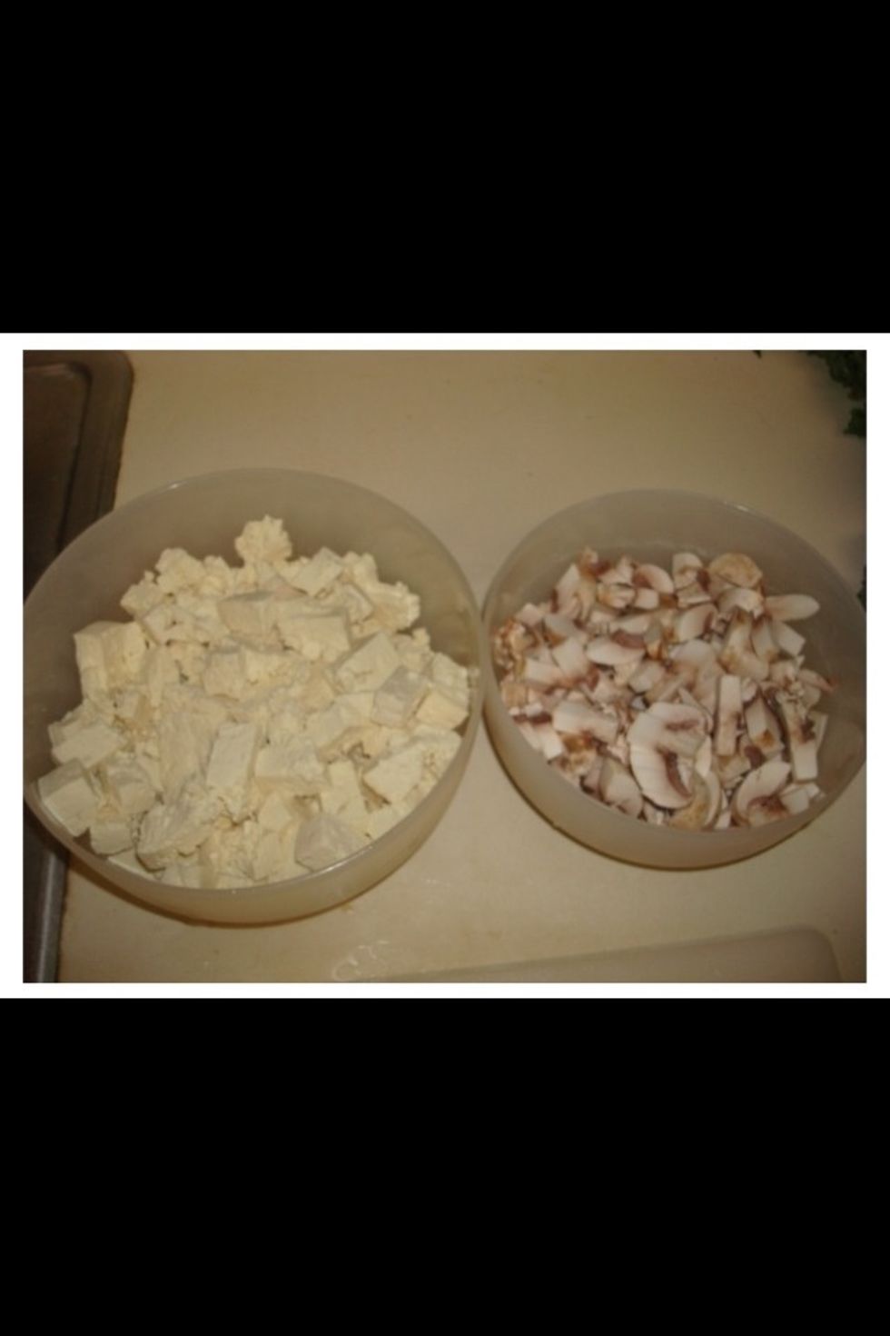 Squeeze excess water from tofu and set aside with chopped mushrooms.