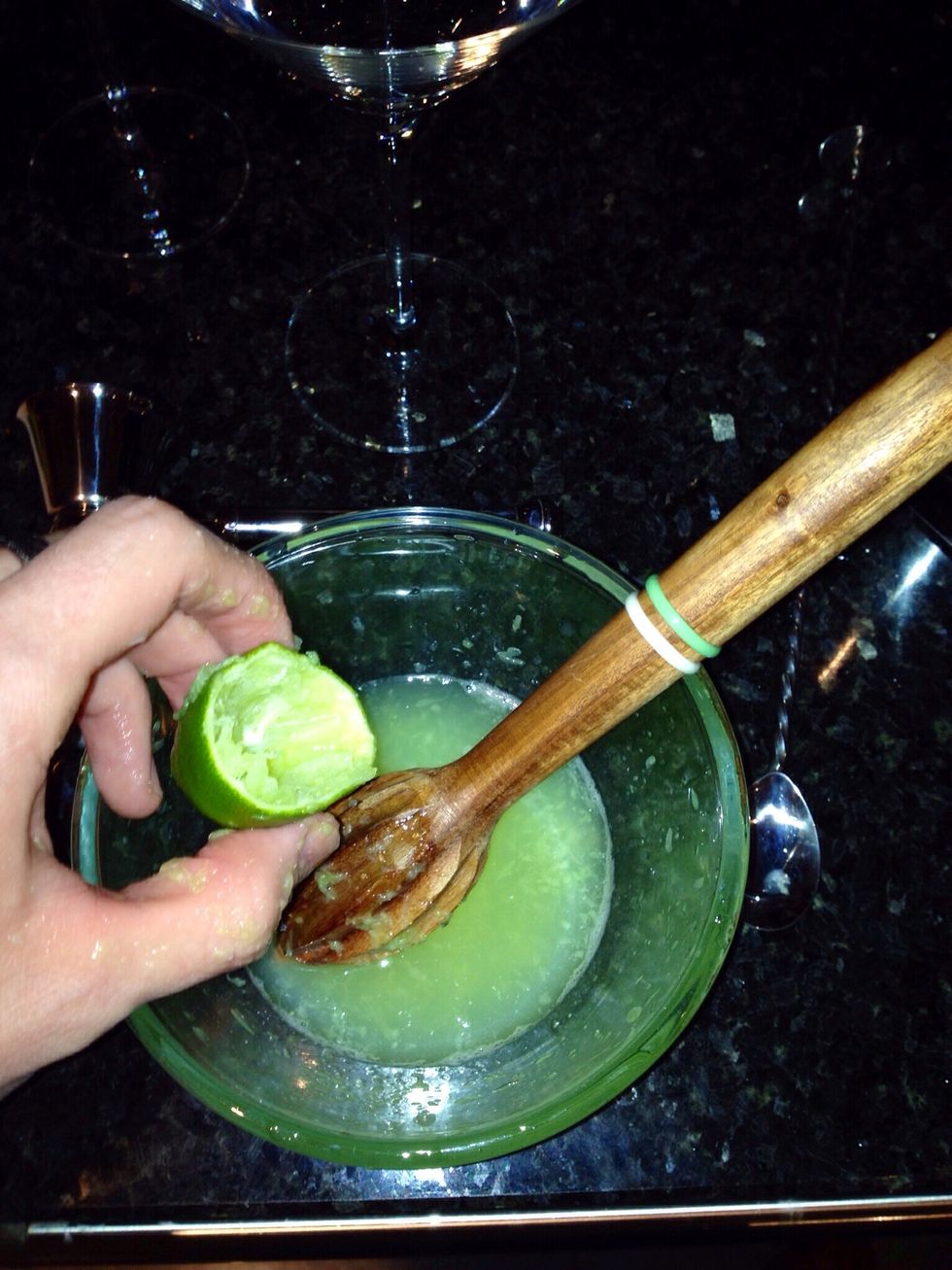 Squeeze fresh lime juice. Rolling the fruit on the work top will break the cells and make it easier to juice. Make a decent amount as the "testing" process will involve drinking several cocktails.