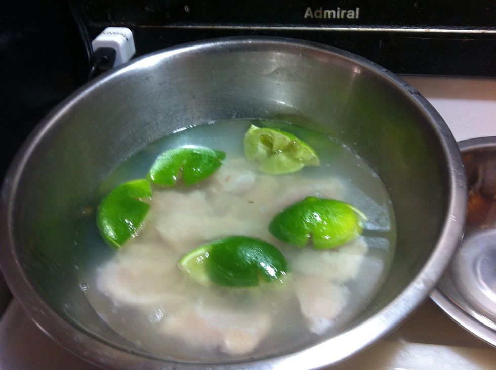 Squeeze n add you lime. That's how u clean chicken. It tenderizes, and cuts the bacteria. Now it won't smell like the back of the grocery store.