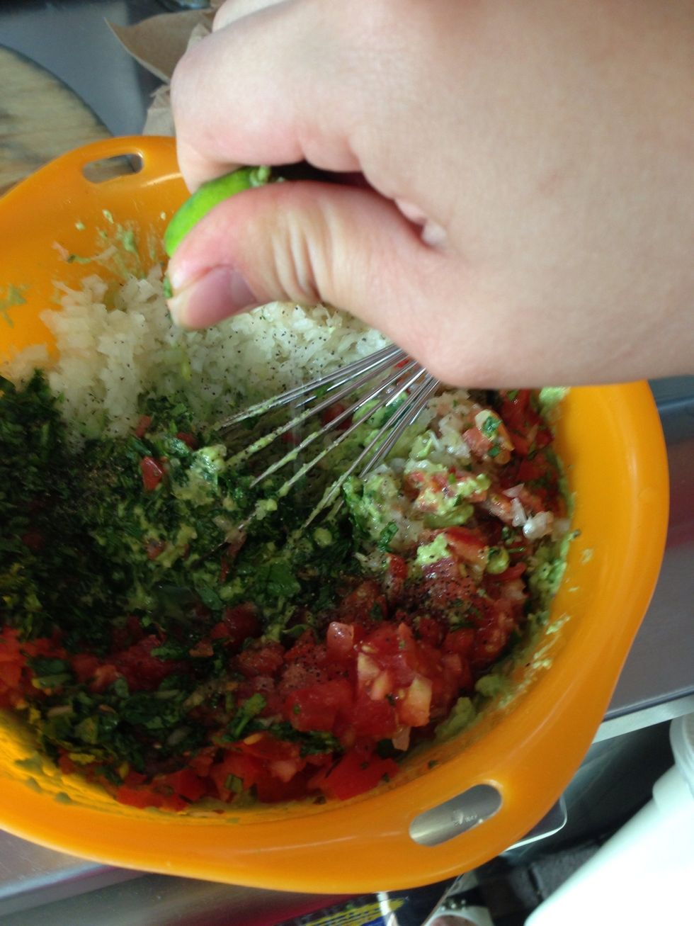 Squeeze some lime to the mixture and add pinch of salt& pepper according to your taste. After I mix everything together, I add jalape\u00f1os in it. For mild I will suggest 2 jalape\u00f1os.