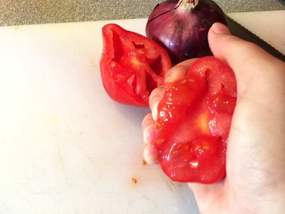 Squeeze the juice and seeds out of the tomatoes and discard.