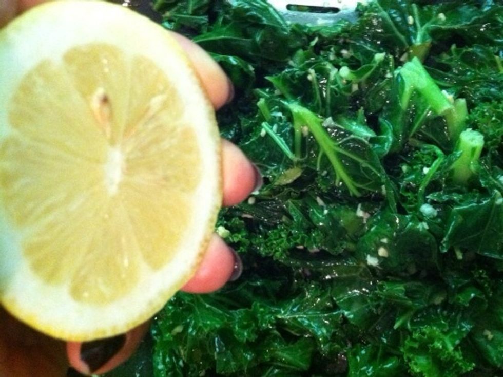 Squeeze the juice from half a lemon for some zing (optional). Turn the heat down to low and allow veggies to simmer for a couple more minutes. This will take leafy greens to the veg-tasm zone!