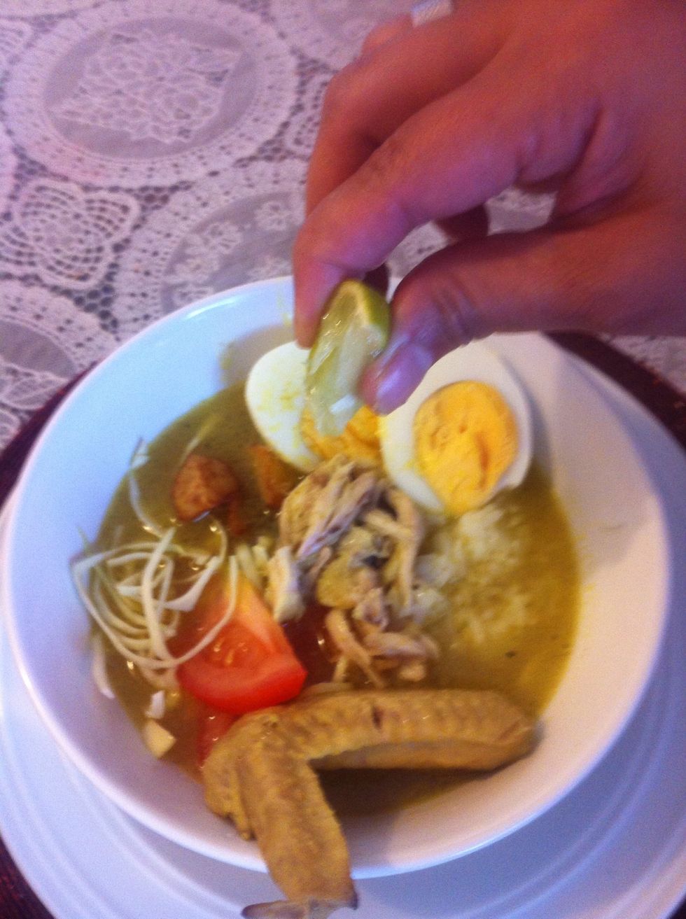 Squeeze the lime and add sambal oelek. I'd like to show you my homemade sambal,but i guess it might be dangerously spicy to look at. Enjoy!