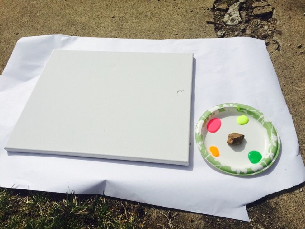 Squeeze your paints on to a plate separated so they do not touch and place the plate close to you.