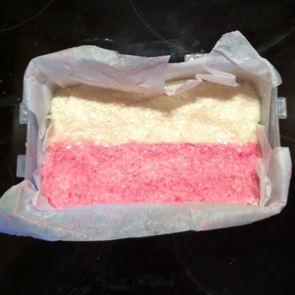 Squidge the mixture into your lined tupperware box on separate sides then using your hands, push them together, the mixture should be wet enough for them to stick nicely.