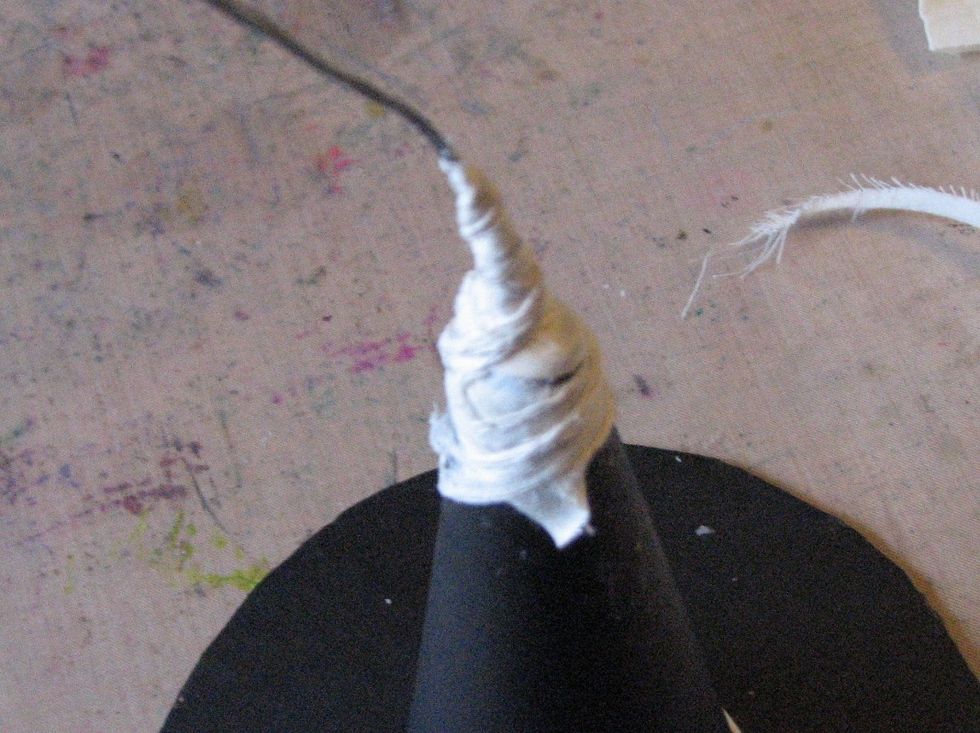 Squirt a good amount of glue where the wire and cone meet.  Wrap a strip of the muslin around this joint several times to secure and stabilize the wire.
