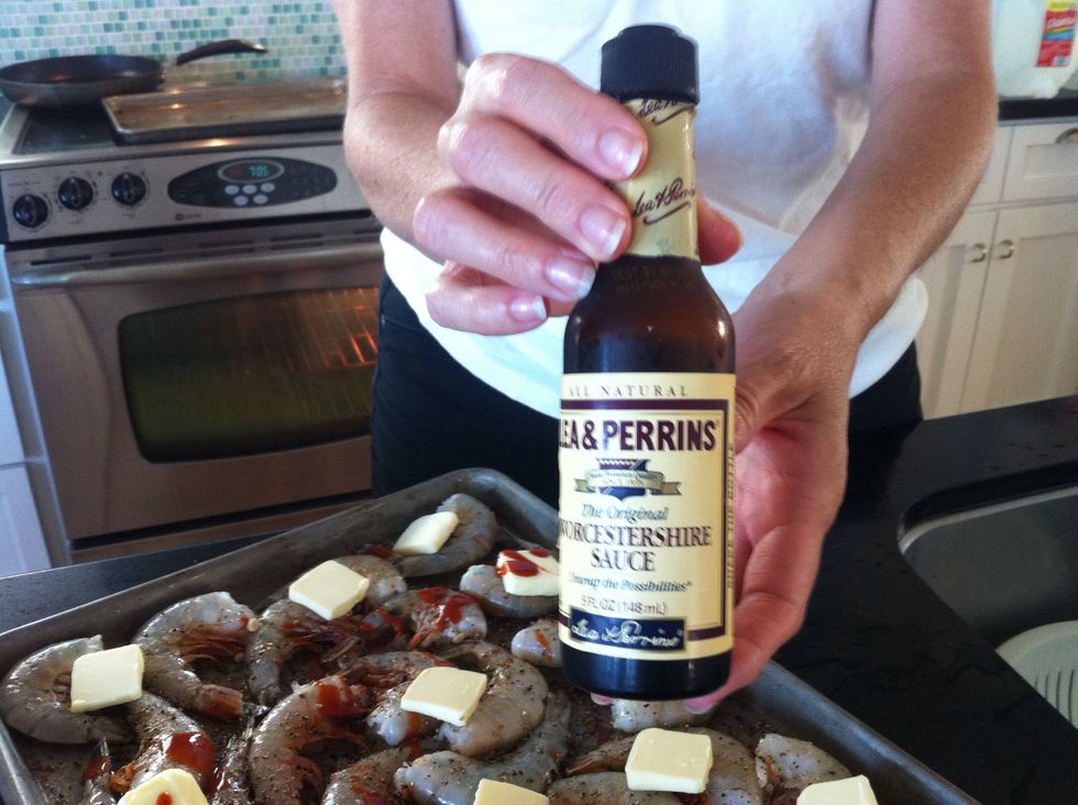 Squirt on some worcester sauce... We used this whole bottle for 5 lbs of shrimp. Remember the extra juice in the pan is great sop for bread!