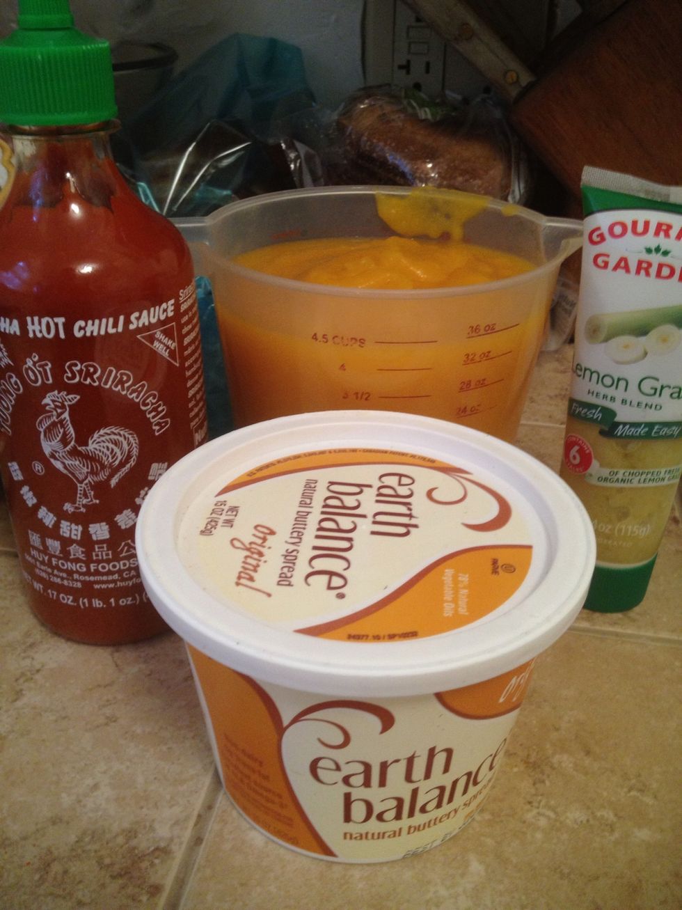 Sriracha, Earth Balance, pumpkin puree, and lemongrass.