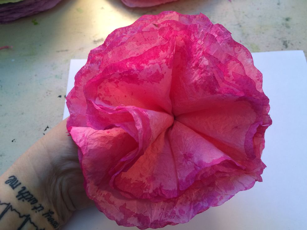 Stack all 6 of the filters, then from the bottom grab all of them from the middle point of the creases created when you folded the filters. You flower should look like this image at this point.