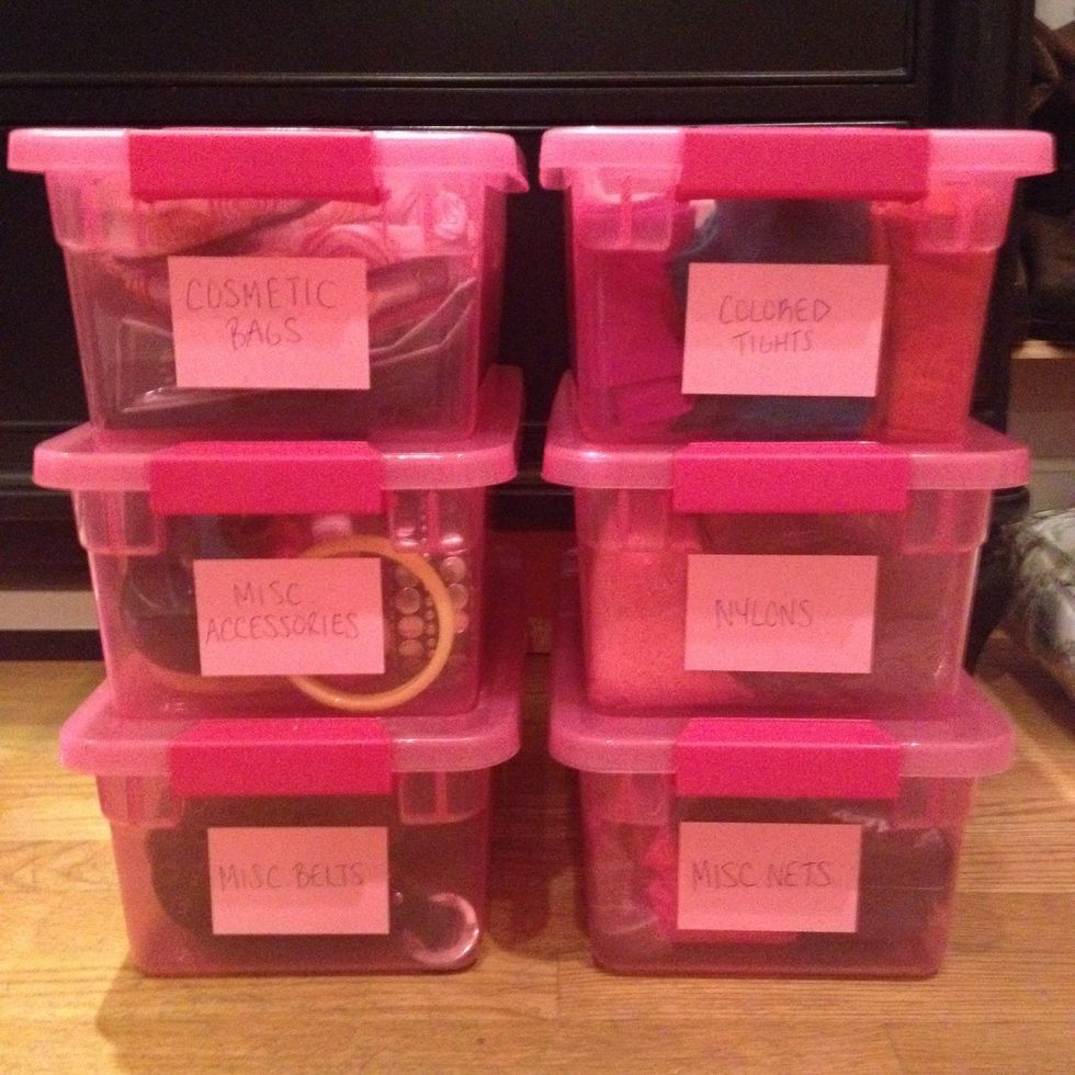 Stack bins in the order you want them ( keep stuff you always use at the top for easy access ) and put them on a shelf or in a closet. A little nook on the floor where they fit works too:)