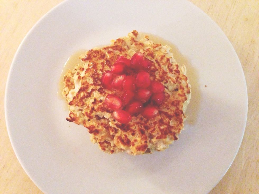 Stack on a plate and serve with maple sirup and fruit (I served mine with pomegranate seeds). Enjoy\ud83d\ude0b