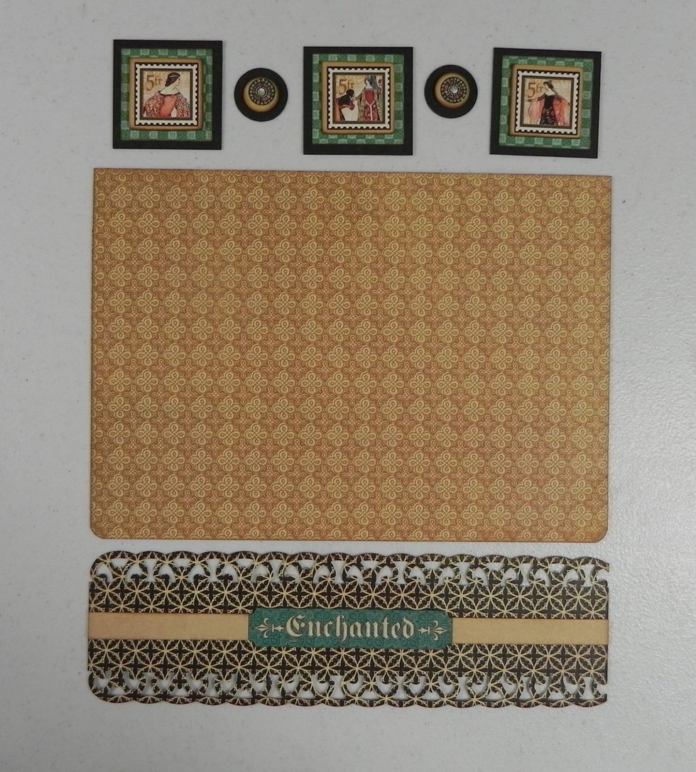 Stack the squares and circles with the chipboard board pieces. Edge punch the 7 1/4 x 2 1/2" piece. Attach the 1/2" strip to the 2 1/2" piece, centered. Add sticker.