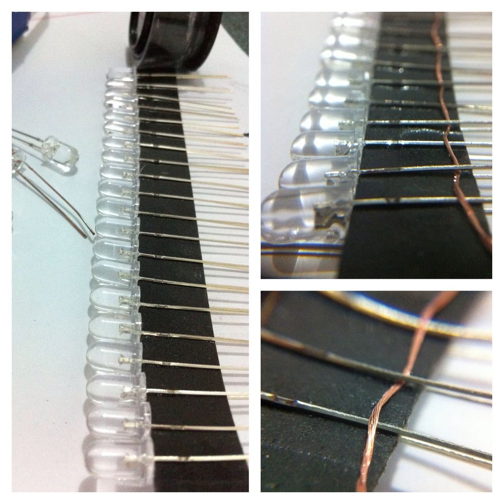 Stacking LED in pararel, use double tape to help glue and sparate the two wires on each LED. Add cable as photo above,and make sure LED in same position and all conecting with cable on both sides