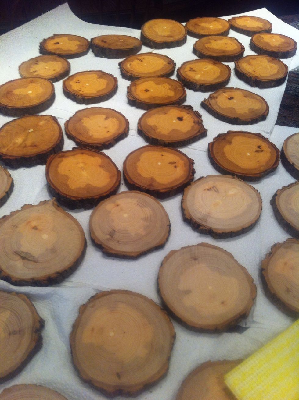 Stain the coasters with Vegtable oil on a j cloth. The ones on the top of the picture are stained.