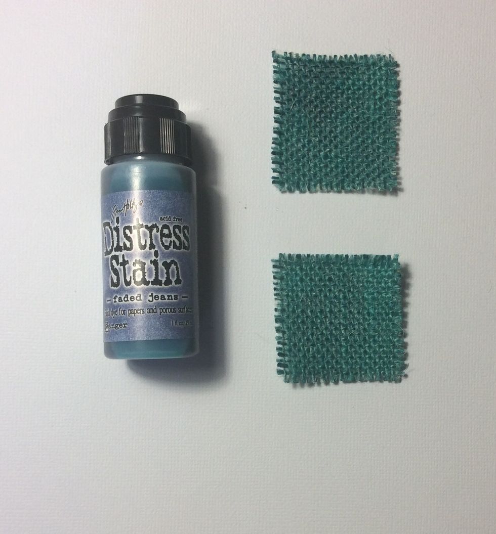 Stain two 1 3/4 inch square pieces of burlap blue. Fray edges if desired. Allow to dry.