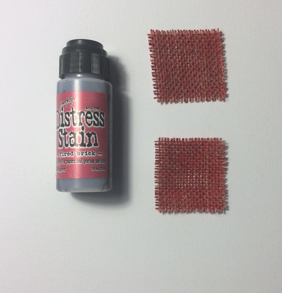 Stain two 1 3/4 inch square pieces of burlap red. Fray edges if desired. Allow to dry.