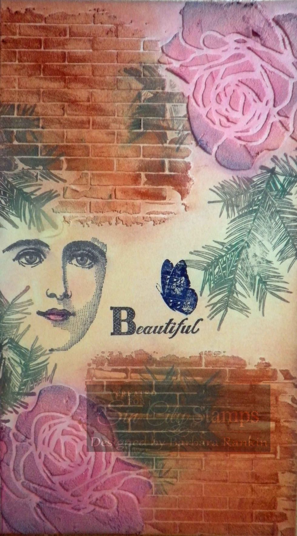 Stamp "Beautiful" from SCS Halloween Bingo stamp set with black ink pad, as shown. Stamp butterfly from SCS Love of Butterflies set with Midnight Blue Stazon ink pad.