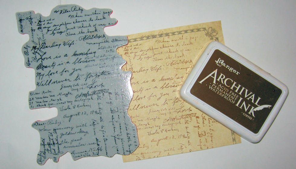 Stamp Dear Ruby onto calendar pages from original Place in Time. If you don't have these, parchment paper would be a good substitute. Use coffee archival ink to stamp, then emboss with clear powder.