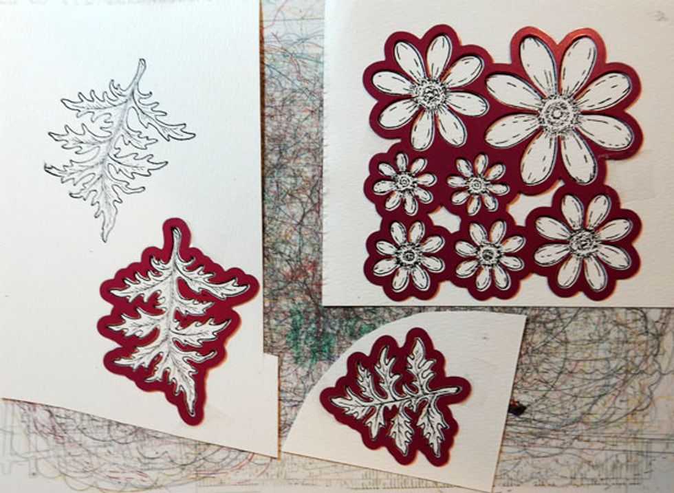 Stamp flowers and leaves on watercolor paper, then die cut.
