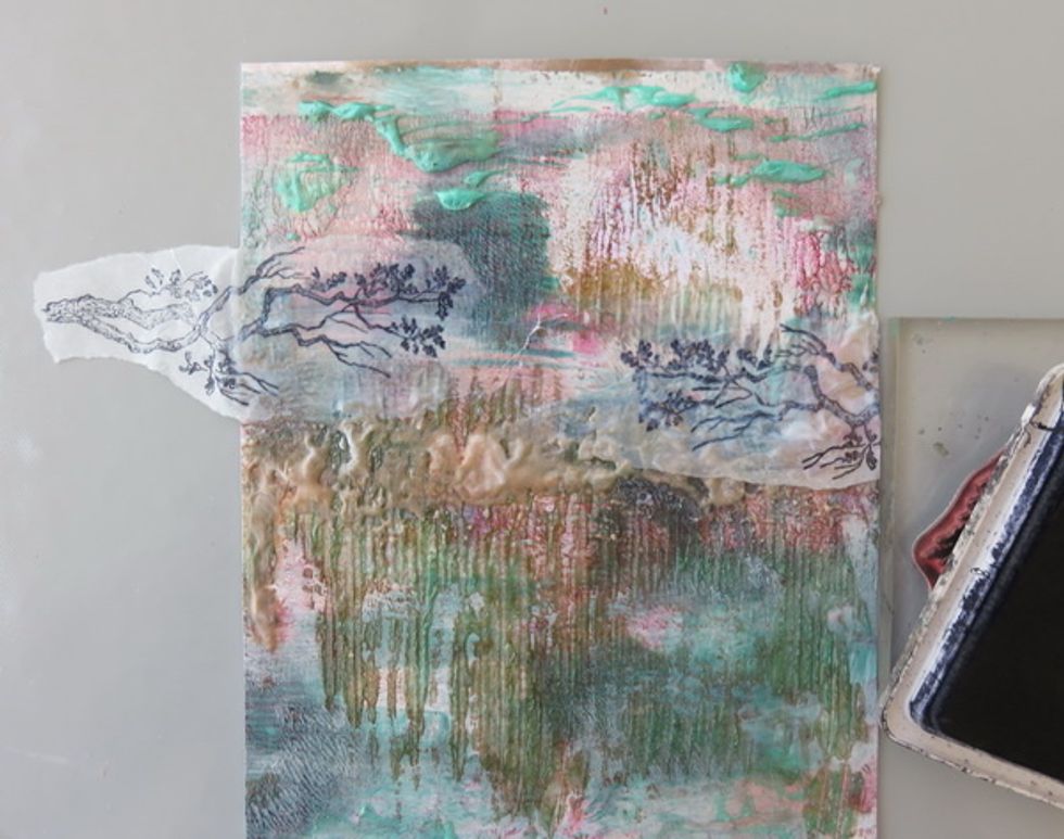 Stamp leaves, trees, fence and whatever you feel and have over white tissue with black pemanent ink and glue it to the page with gel medium under and over the image. Build a scene with your stamps.