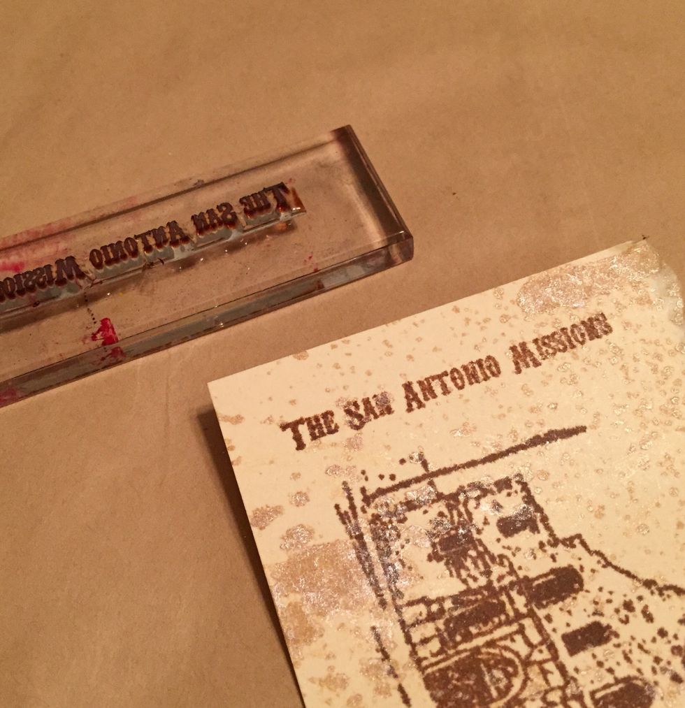 stamp "san antonio missions" and "alamo" at side of torn piece of tag using Chestnut Roan Chalk Ink