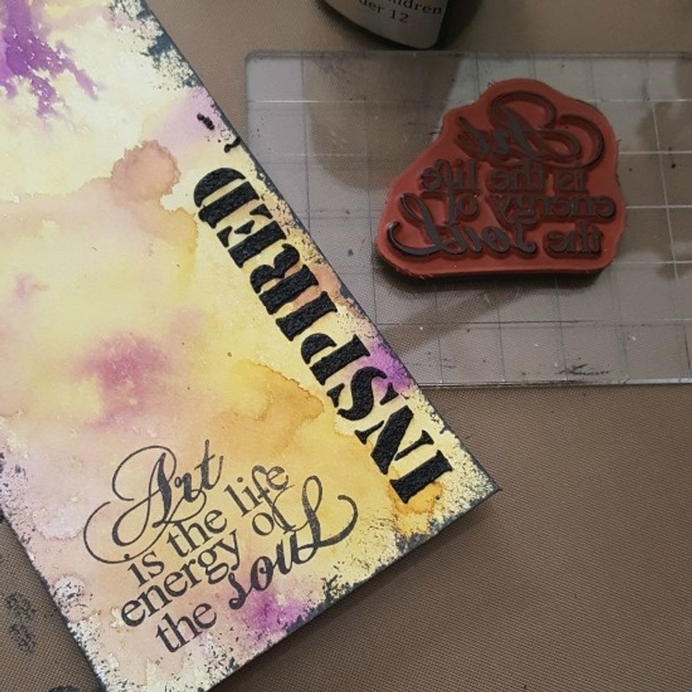 stamp sentiment and apply clear embossing powder (not shown) and heat set