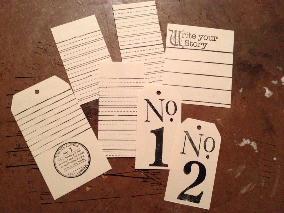 Stamp tags using journal line stamps and other favorite stamp images you have on hand.