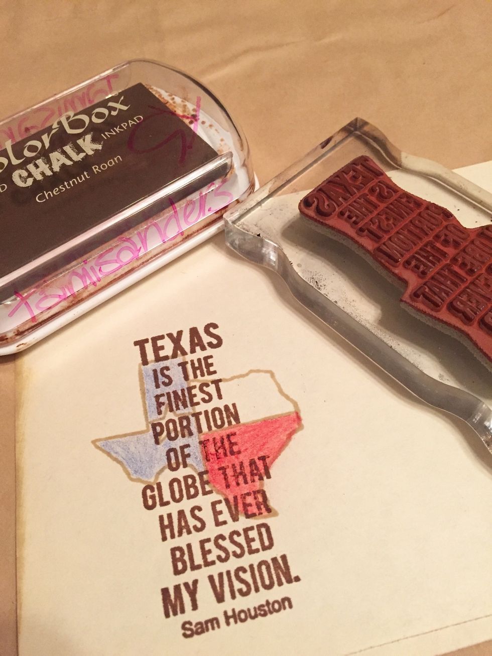 stamp texas quote over shape using Chestnut Roan Chalk Ink