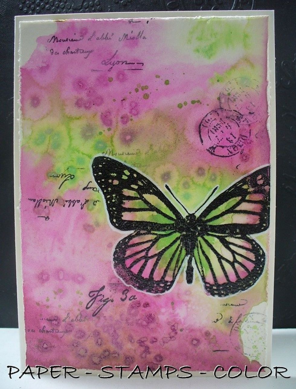 Stamp the butterfly from Darkroom Door with black archival ink. Heat emboss with clear embossing powder. Stamp the script form Paper Artsy. Add highlighting to the image with a white acrylic marker.