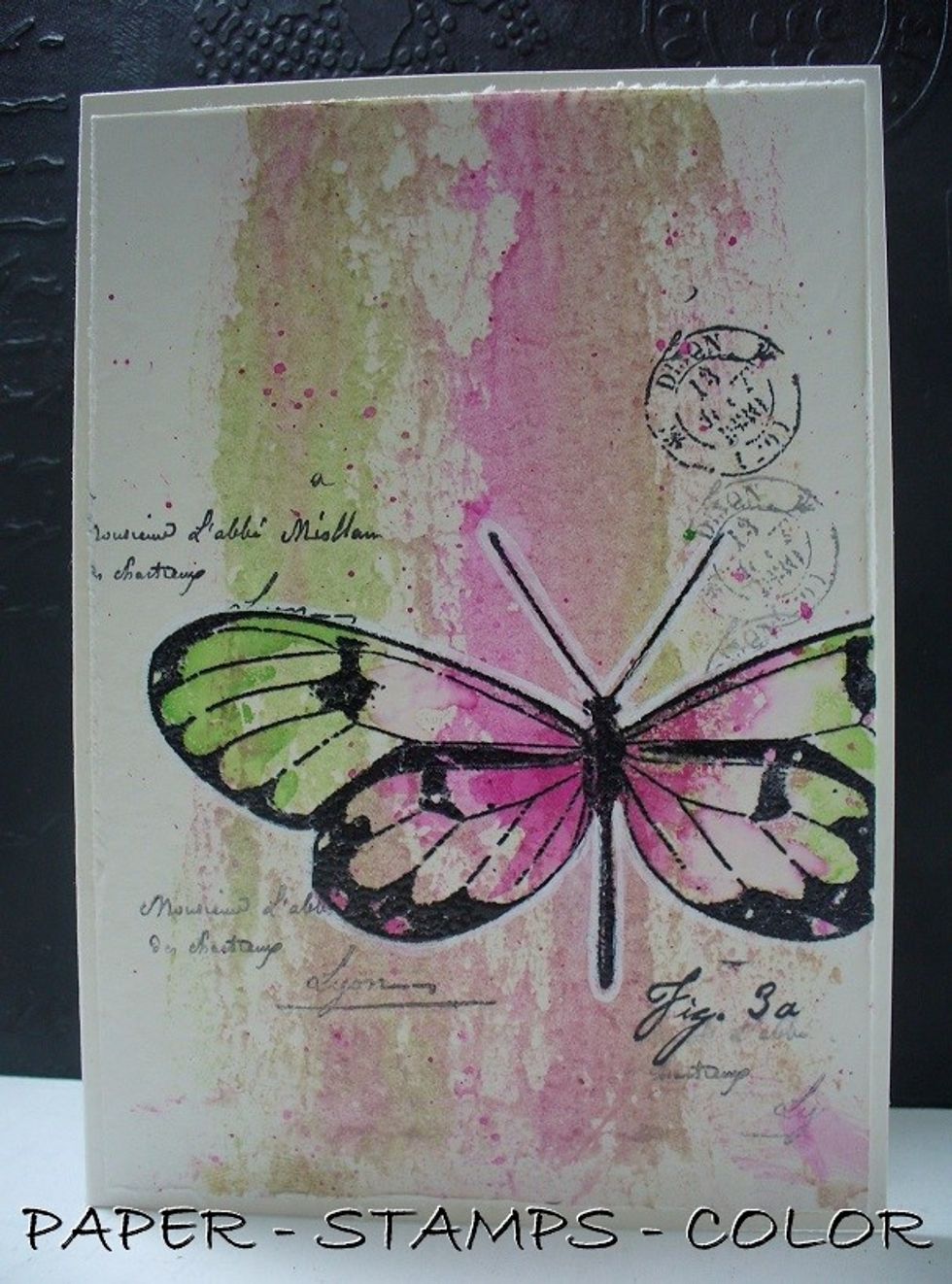 Stamp the butterfly from Penny Black with black archival ink and heat emboss with clear. Stamp the script from Paper Artsy in the background.
