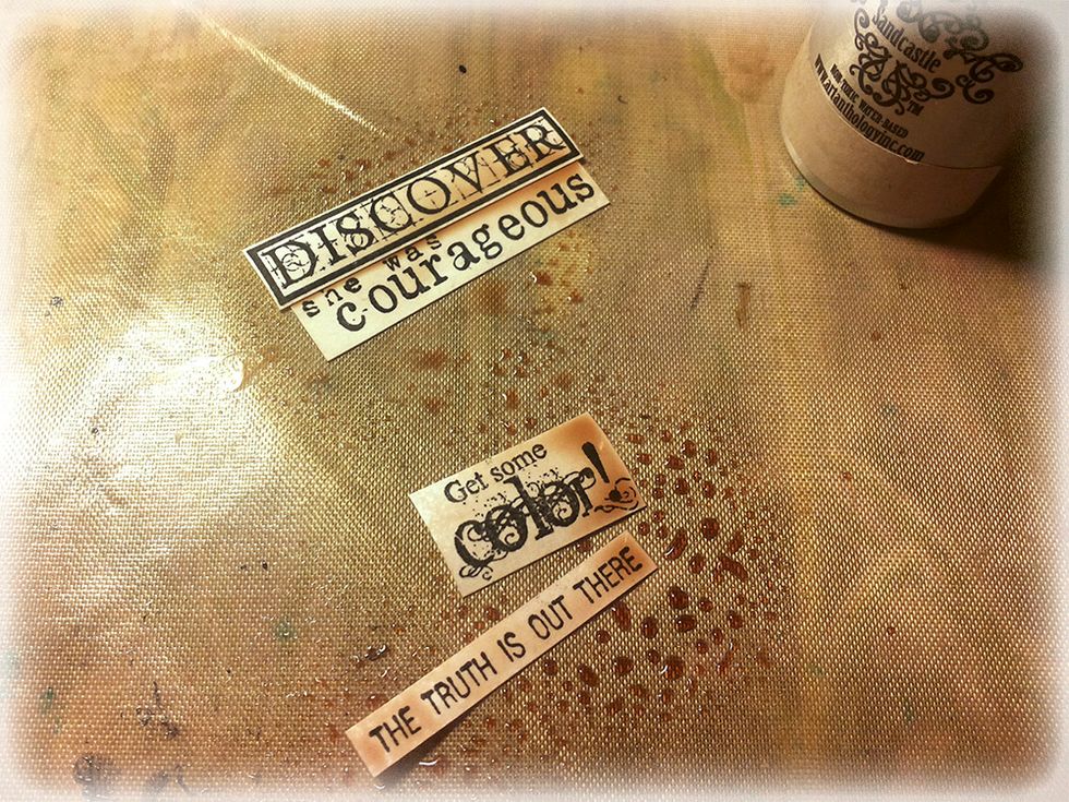 Stamp the card titles with Archival Ink and distress the paper with Art Anthology Coloration Spray "Sandcastle".