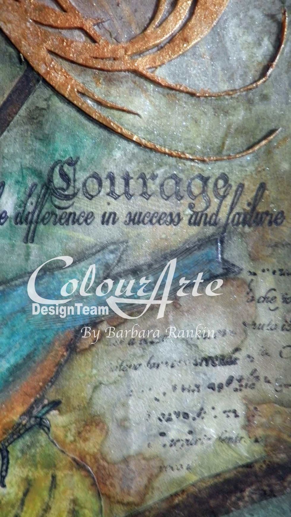 Stamp the "Courage" sentiment beneath the gold flourish with black archival ink.