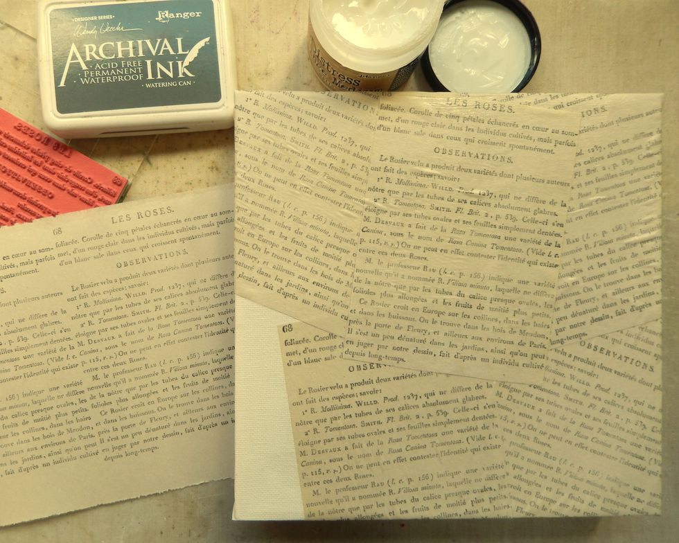 Stamp the Les Roses background image on sheets of Newsprint Paper with Watering Can Archival Ink. Cut up and layer over a blank canvas using Distress Matte Collage Medium.